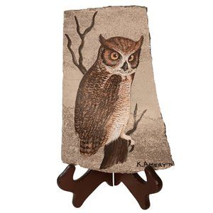 Handpainted Owl on Slate Great Horned Owl Signed by Artist K. Amery Rustic